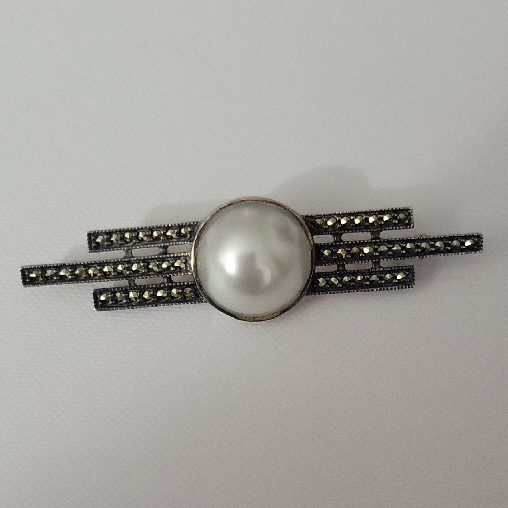 Judith Jack Sterling Silver Faux Pearl Deco Style Brooch